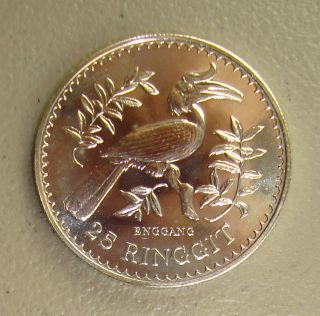 1976 Malaysia 25 Ringgit Silver Proof,  Rhinoceros Hornbill Bird Conservation photo