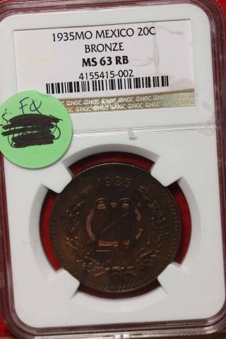1935mo Bronze Mexico 20 Centavos Graded Ms63rb By Ngc S/h photo