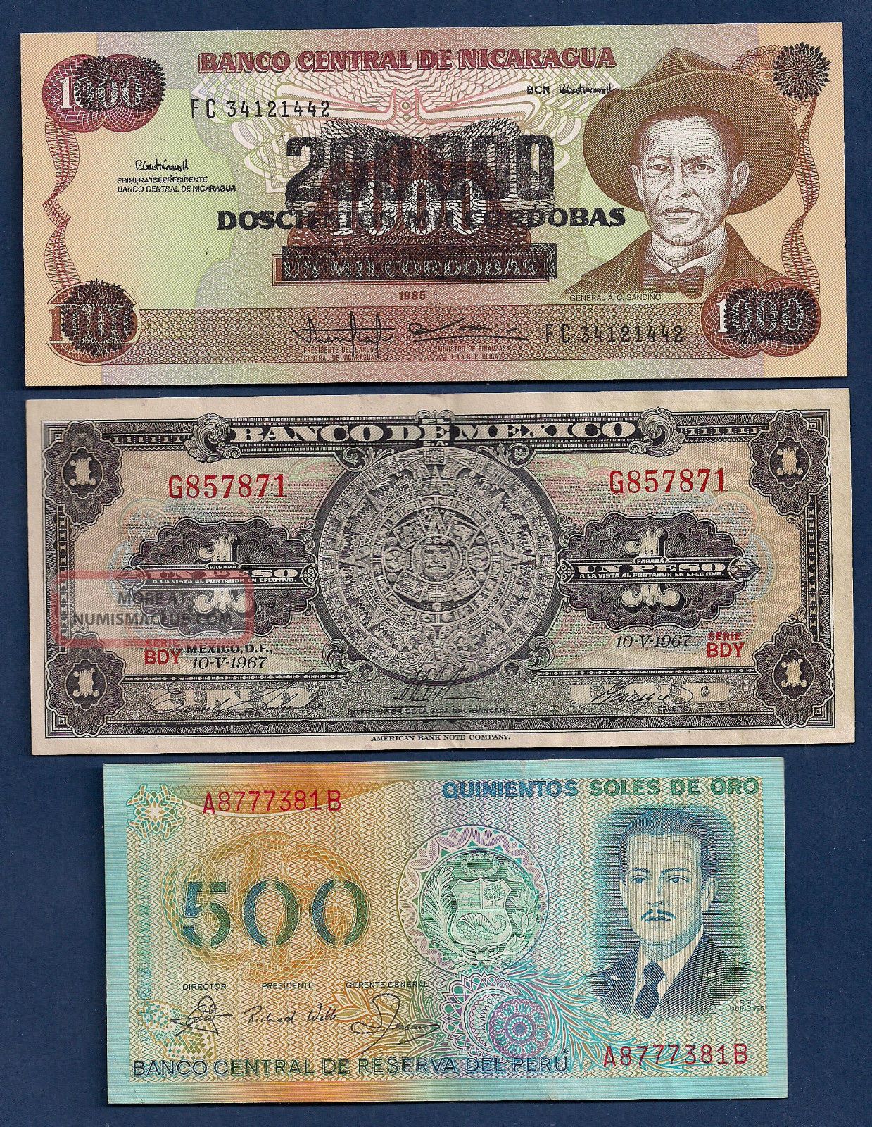 Nicaragua,  Mexico 1 Peso 1967 P - 59j,  Peru 500 Soles De Oro 1982 P - 125a Paper Money: World photo