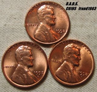 1957 - D 1958 - D 1958 - P Bu Unc Lincoln Wheat Penny Cents Ships Wcl38 photo