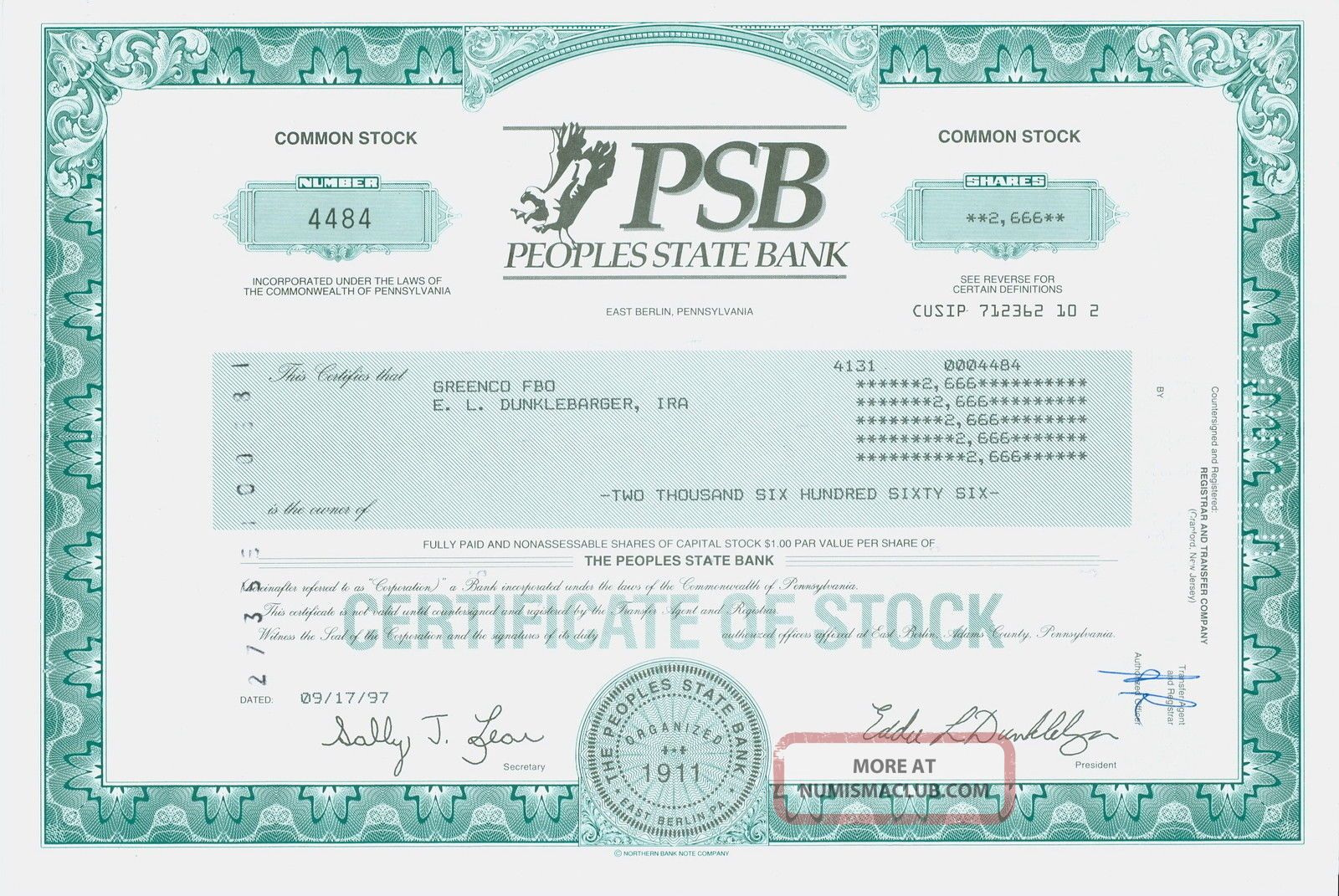 Stock Certificate - - Peoples State Bank – Psb,  East Berlin,  Pennsylvania Stocks & Bonds, Scripophily photo