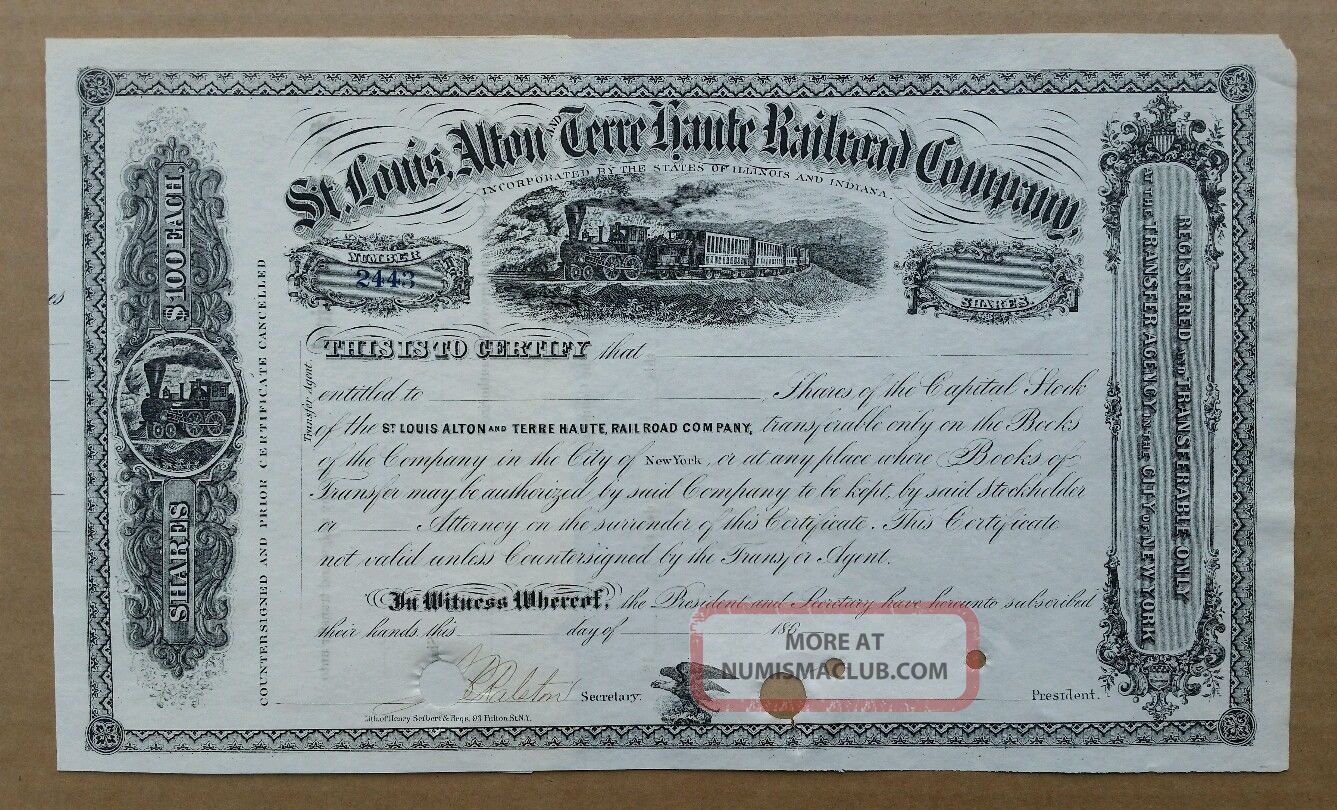 St.  Louis,  Alton & Terre Haute Railroad Co.  Stock Cert. ,  1860 ' S Transportation photo