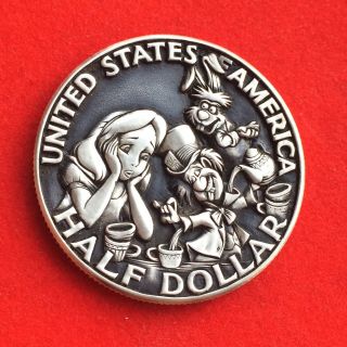 Double - Sided Silver Carved Half Dollar Coin.  Alice In Wonderland. photo