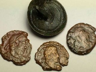 Ancient Imp.  Roman 1 Artifact & 3 Coin$; Spearing,  Dragging,  Globe.  Ca 27bc - 476ad photo