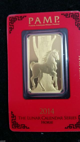 2014 Pamp Suisse 1 Oz.  9999 Gold Bullion Bar Assay Lunar Series Horse photo