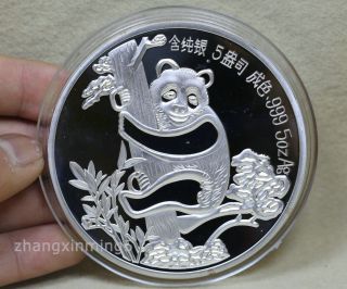 1987 Chinese 5oz 99.  99 Silver Panda Coin,  With Plastic Box H31 photo
