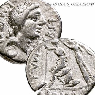Apollo / Roma Sitting On Shield Pile Ancient Silver Denarius Coin Caecilia 46a photo