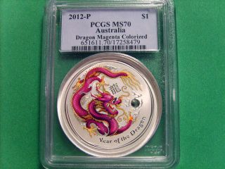 2012 P Silver Australia Colorized Dragon Magenta Pcgs Ms 70,  Population 5 photo