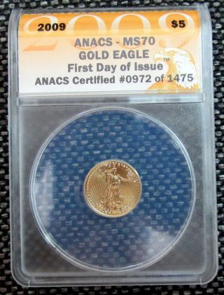 2009 American Gold Eagle (1/10 Oz) $5 - Anacs Ms70 W/outer And Wood Box.  99 photo