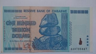 2008 Zimbabwe 100 Trillion Dollars X1 Piece,  2008 Unc Prefix Aa photo