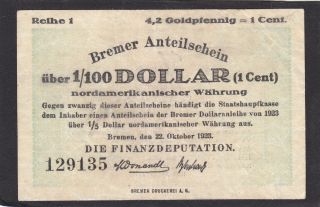 Germany Notgueld Bremen 1/100 Dollar 1923 Vg, photo