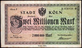 KÖln 1923 2 Million Mark Inflation Notgeld German Banknote Adenauer Sig.  Cologne photo