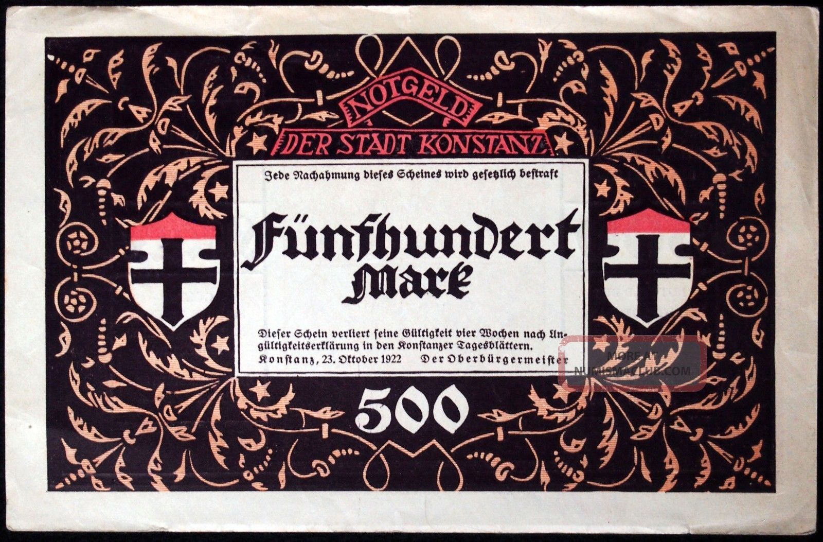 Konstanz 1922 Very Large 500 Mark Early Inflation Notgeld German Banknote Europe photo
