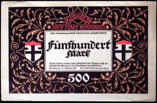 Konstanz 1922 Very Large 500 Mark Early Inflation Notgeld German Banknote photo
