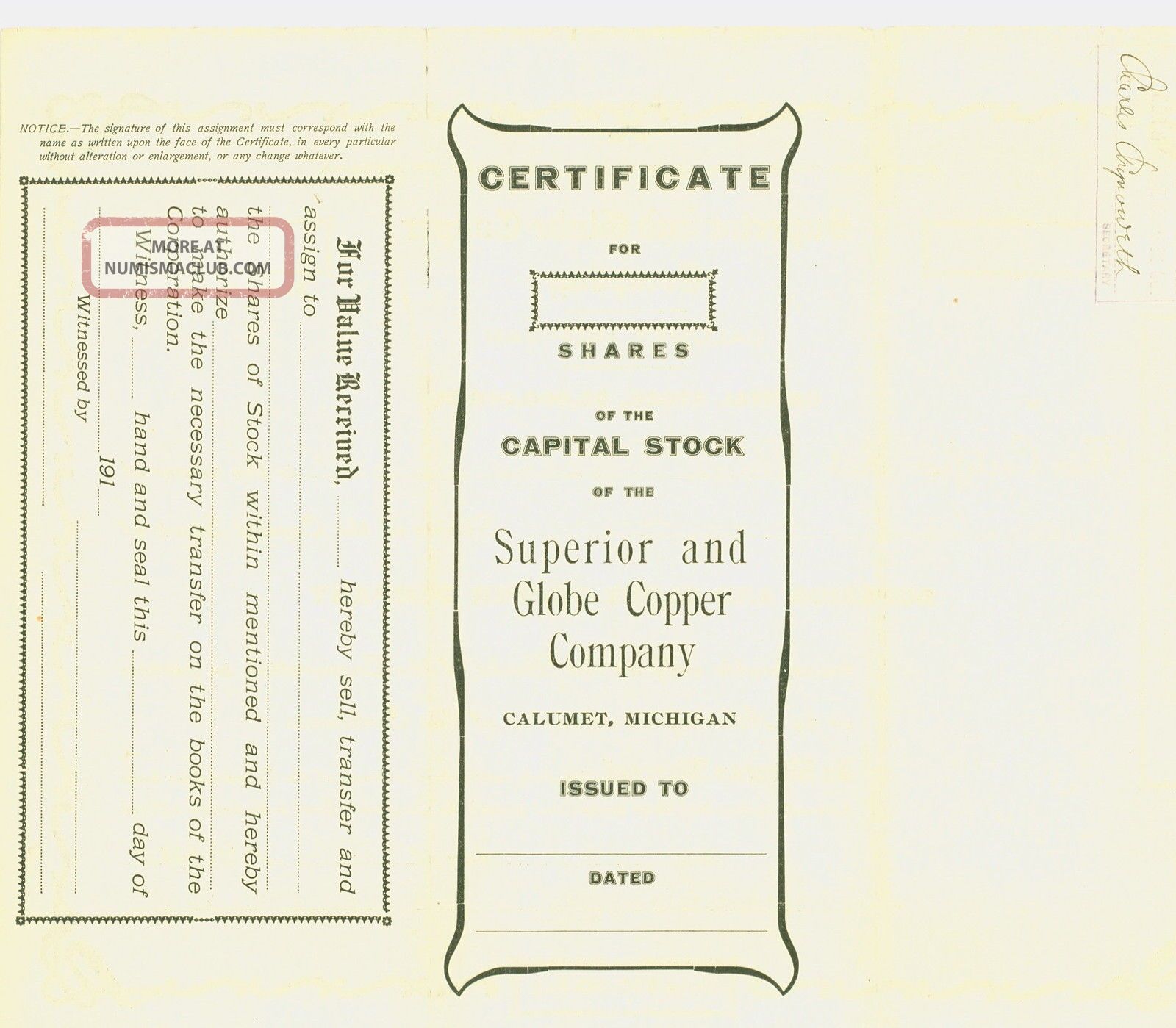 1920 Stock Certificate - Superior And Globe Copper Company - Calumet,  Michigan Stocks & Bonds, Scripophily photo