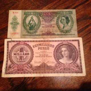 Hungary 10 Pengo Banknote 1936 & Hungary 1 Milliard Pengo 1946 Banknote photo