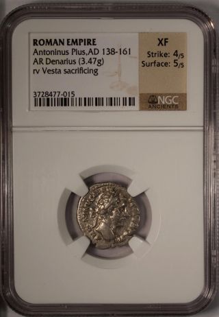 Roman Empire Antoninus Pius Ad 138 - 161 Ar Denarius Ngc Xf Silver Rev Vesta photo