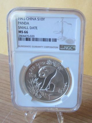 1993 China Silver 10 Yuan Small Date Panda,  Ngc Ms 66 photo