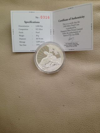 Laos 1999 Year Of Rabbit Anticipation 3000 Kip Colour Silver Coin,  Proof, photo