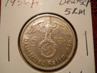 Germany,  Third Reich 5 Reichsmark,  1936 F,  Stuttgart,  Swastika - Hindenburg photo