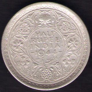 British India - 1944 - George Vi 1/2 Rupee Silver Coin Ex - Rare photo