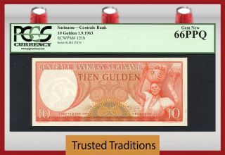 Tt Pk 121b 1963 Suriname Centrale Bank 10 Gulden Pcgs 66 Ppq Gem Two Finer photo