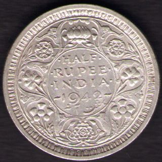 British India - 1942 - George Vi 1/2 Rupee Silver Coin Ex - Rare photo