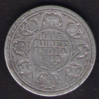 British India - 1918 - George V 1/2 Rupee Silver Coin Ex - Rare Date photo