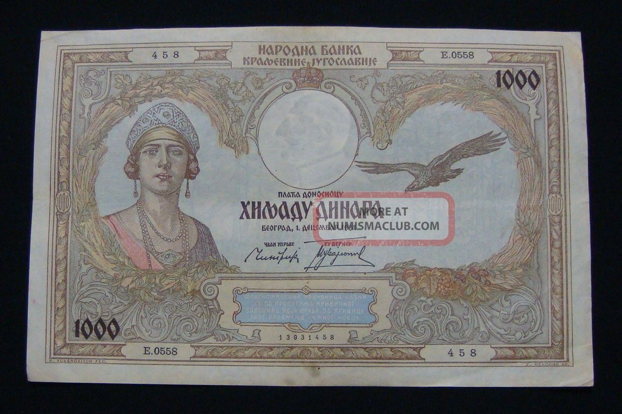 Yugoslavia Kingdom 1000 Dinara 1931 Vf,  Crisp Paper Europe photo