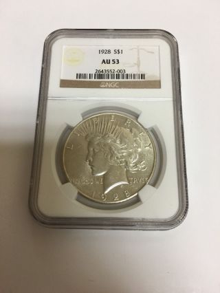 1928 Silver Peace Dollar Ngc Certified Au53 photo