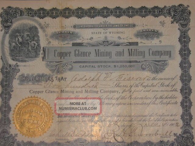 Copper Glance Mining And Milling Company Collectable Stock Records Stocks & Bonds, Scripophily photo