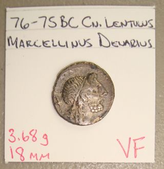 76 - 75 Bc Cn.  Lentulus Marcellinus Ancient Roman Republic Silver Denarius Vf photo