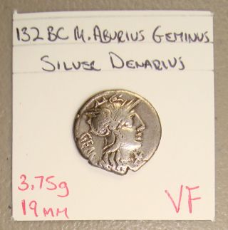 132 Bc M.  Aburius Geminus,  Sol Reverse Ancient Roman Republic Silver Denarius Vf photo