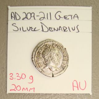 Ad 209 - 211 Geta,  Liberalitas Reverse Ancient Roman Silver Denarius Au photo