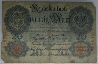 Zwanzig 20 Mark Reichsmark 1914 German Banknote Berlin Germany Reichsbanknote photo