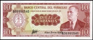 Paraguay 10 Guaranies Law 1952 P - 196b Unc Uncirculated Banknote photo