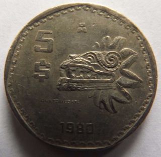 1980 Mexico 5 Pesos Native Sculpture On Coin photo