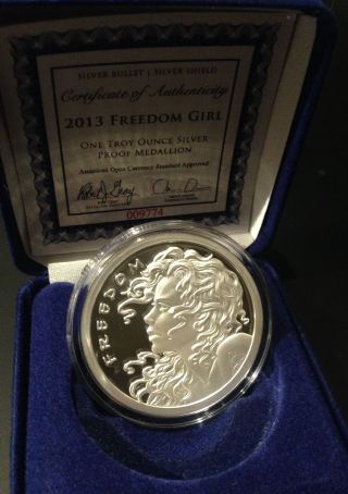 1 Oz.  999 Silver Bullet Silver Shield (sbss) 2013 Freedom Girl Proof photo