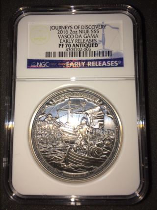 2015 Niue Silver $5 Journeys Of Discovery Vasco Da Gama - Pf70 Antiqued Ngc Coin photo