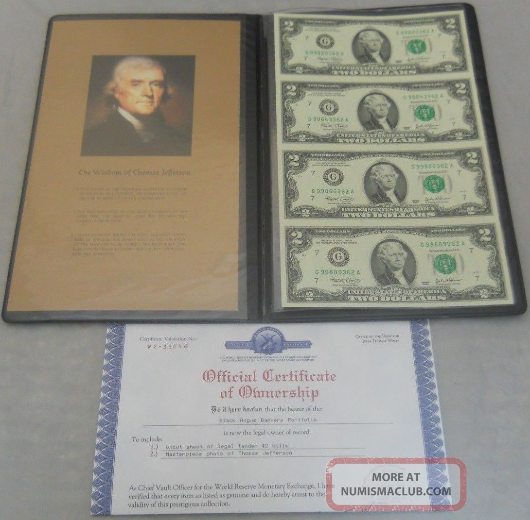 2003 Thomas Jefferson Uncut Sheet 4) $2 Dollar Bills World Reserve $28.  88 Small Size Notes photo