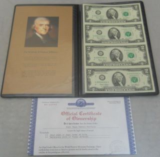 2003 Thomas Jefferson Uncut Sheet 4) $2 Dollar Bills World Reserve $28.  88 photo