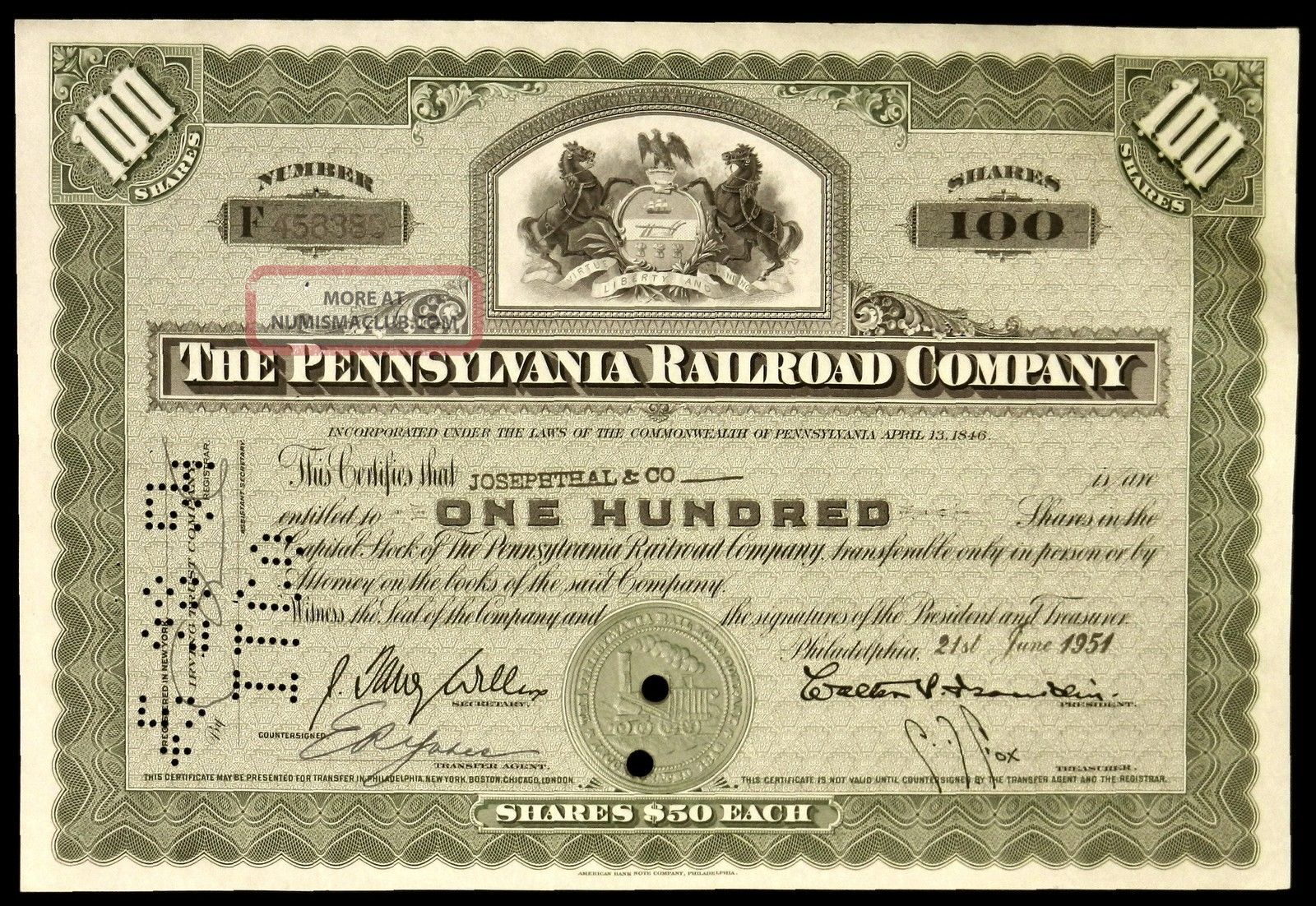 Stock Certificate Pennsylvania Railroad Company 100 Shares Capital Stock Transportation photo