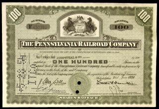 Stock Certificate Pennsylvania Railroad Company 100 Shares Capital Stock photo