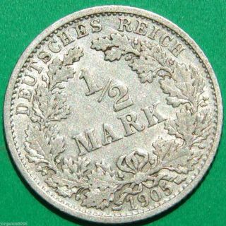 German Empire Silver Coin 1/2 Mar.  900 Fein Silver 1905 F photo