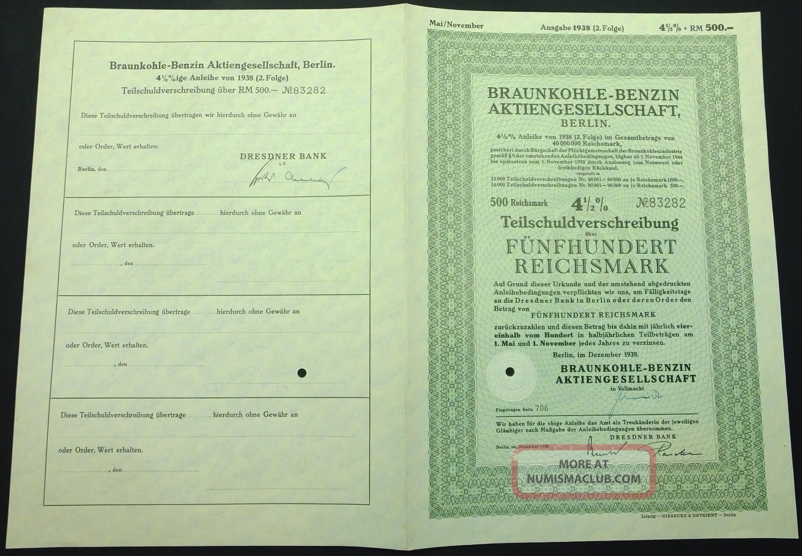 Braunkohle - Benzin Ag,  Berlin 12/1938 4 1/2 German Bond Certificate World photo
