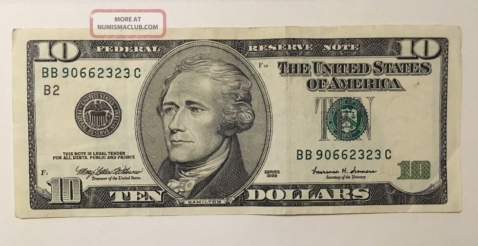 1999 Series $10 Us Dollar Bill Fancy S Bb 90662323 C Small Size Notes photo