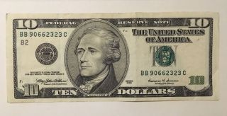 1999 Series $10 Us Dollar Bill Fancy S Bb 90662323 C photo