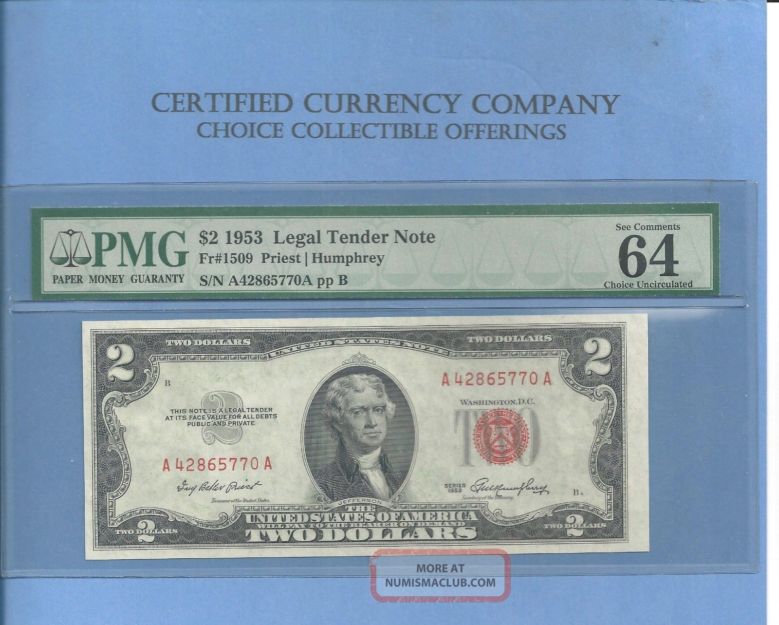 1953 $2 Legal Tender Note Fr 1509 Pmg Choice Uncirculated 64,  Exceptional Paper Small Size Notes photo