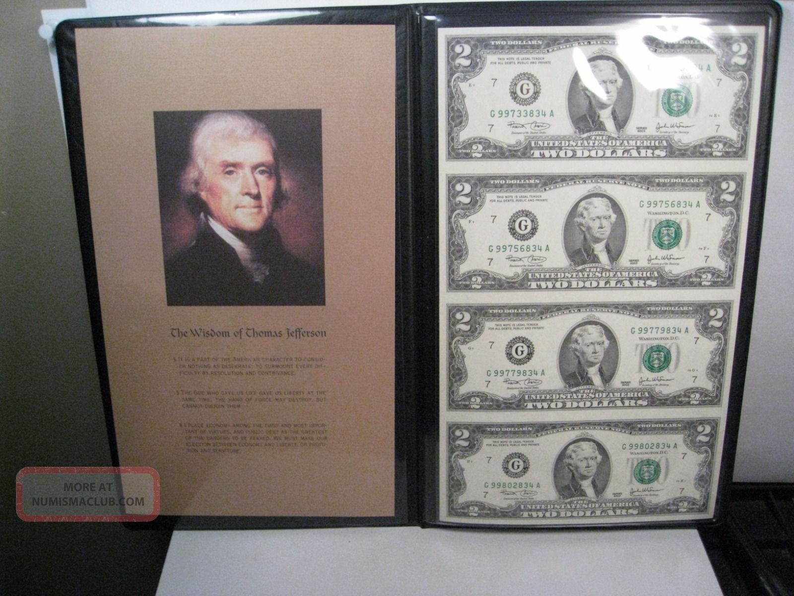 2003 Uncut Sheet Of Four $2 Us Frn Bills - World Reserve Monetary Exchange.  26 Small Size Notes photo