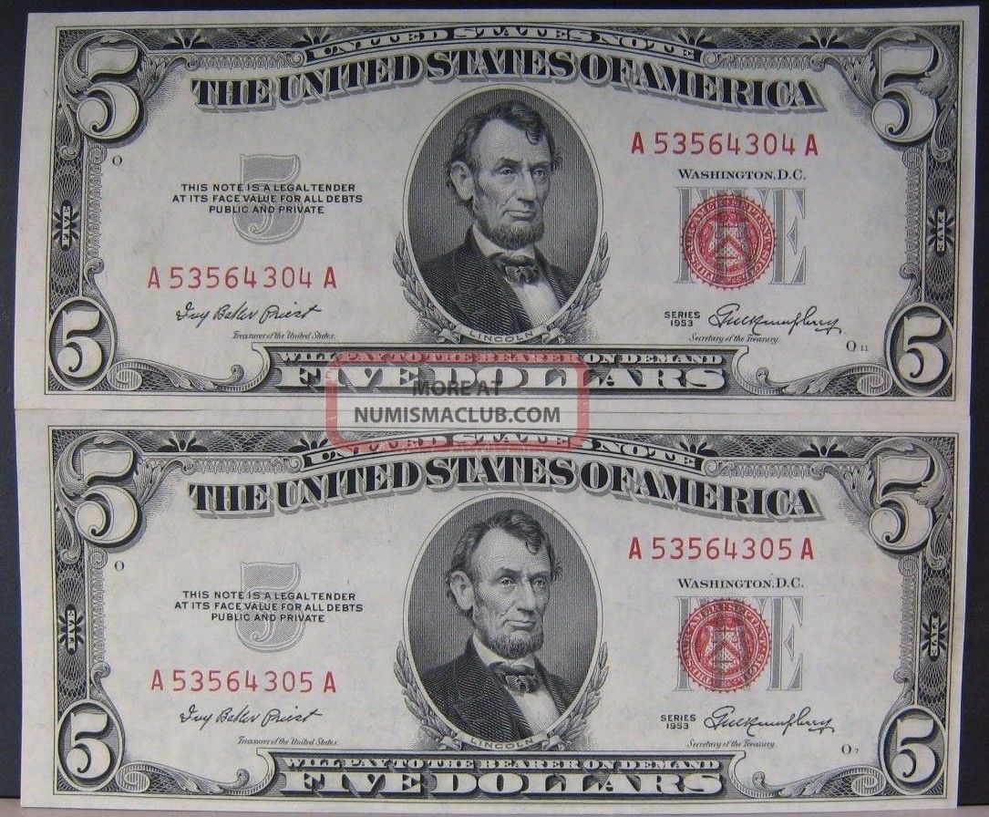 1953 $5 Dollar U.  S.  Red Seal Note Pair In Sequence Cu U.  S. Small Size Notes photo